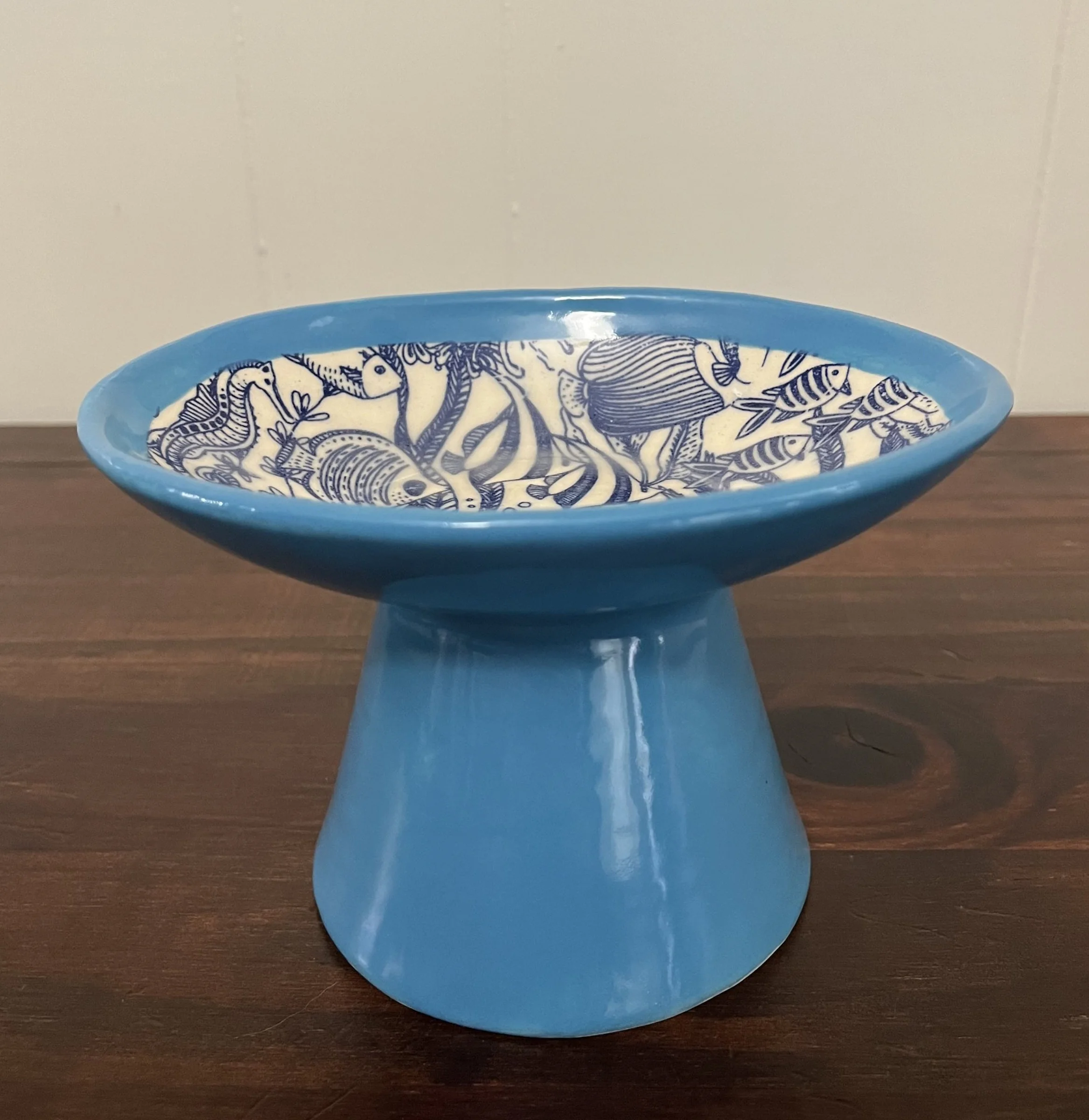 Ceramic Pedestal Cat Food Bowl (Blue)